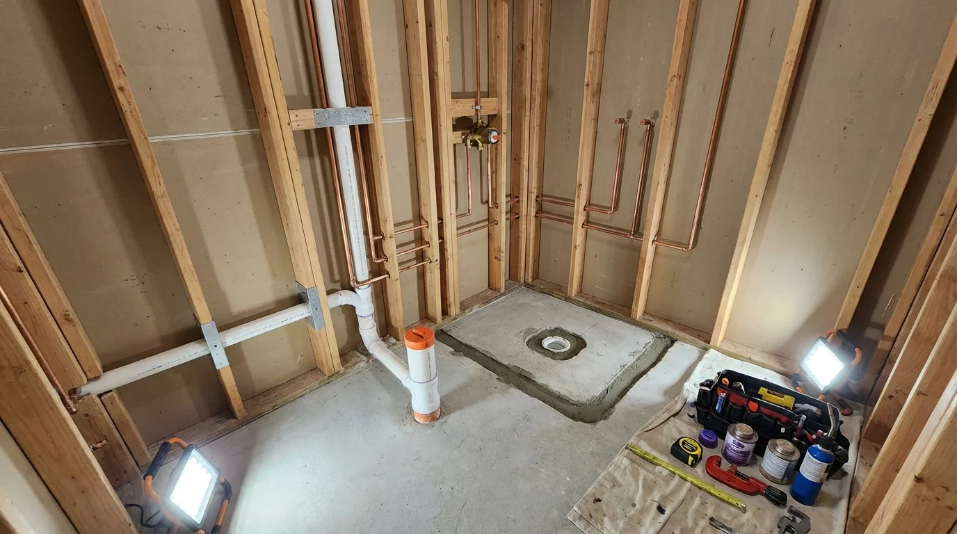 Bathroom rough-in plumbing during remodel by Johns Plumbing LLC in Mission