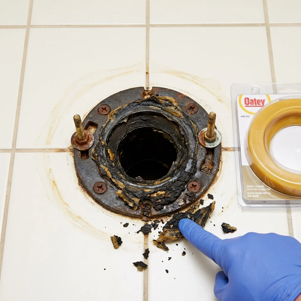 Failed wax ring showing water seepage at the base of a toilet in a Mission, TX home